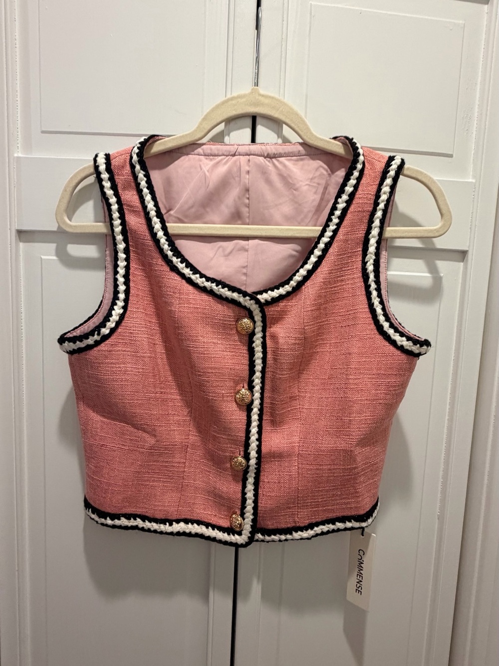 Commense Pink Tweed Button-Front Cropped Vest with Contrast Trim
